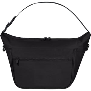 A black lunch bag with a main zippered compartment and an additional front pocket, featuring an adjustable shoulder strap.