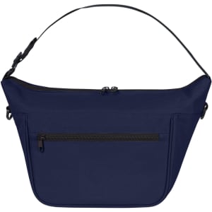 A navy blue lunch bag with a zippered closure and an additional zippered pocket on the front. It has a shoulder strap and a logo.