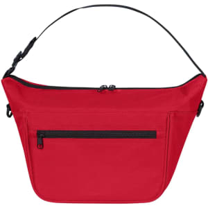 A red lunch bag with a zippered compartment and a black strap. It features a front pocket and has a logo.