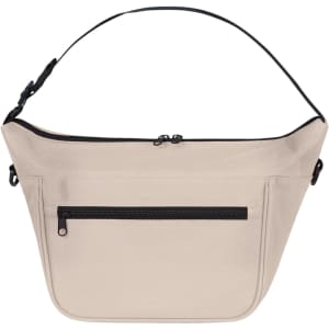 A beige Softbasket Lunchbag with a black zippered pocket and an adjustable shoulder strap. It has a logo.