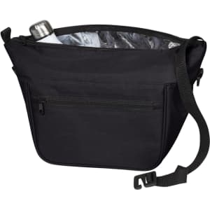 A black lunch bag featuring an insulated interior and a drink bottle inside. It has a shoulder strap and a front pocket.
