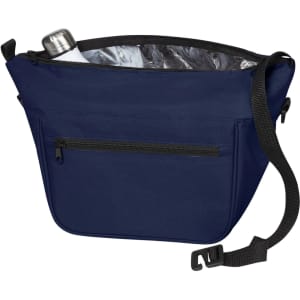 A navy blue lunch bag with a silver lined interior, featuring a front zip pocket and an adjustable strap.
