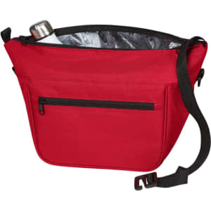 A red lunch bag featuring a zippered compartment, an insulated interior, and a shoulder strap. It includes a drink bottle inside.
