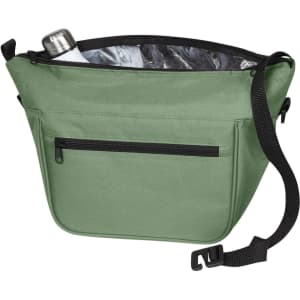 A green Softbasket Lunchbag with a zipped front pocket and a drink bottle inside. It features a shoulder strap and an insulated interior.
