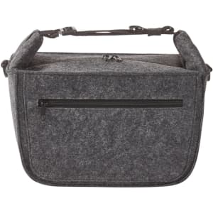A grey felt lunch bag with a zippered front pocket and sturdy handles. It has a simple, minimalist design.