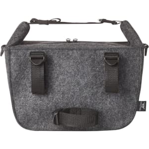A grey felt lunch bag with black straps and a carrying handle, featuring a zip closure and branding.