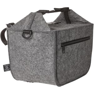 A grey felt lunchbag with dual handles and a zippered front pocket. It features a logo on the side.