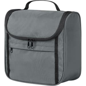 A grey toiletry bag with a zippered closure and a handle, featuring a front pocket and branding.