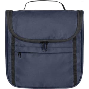 A navy blue toiletry bag with a flap closure, zippered pocket, and a carry handle on top. Features branding.