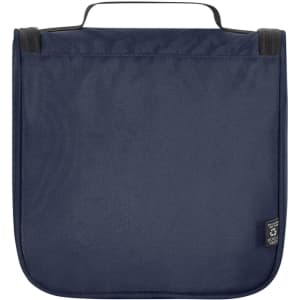A navy blue toiletry bag with a handle and a subtle logo at the bottom.