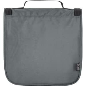 A grey toiletry bag featuring a handle and a logo, with a simple, clean design.