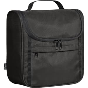 A black toiletry bag with a zippered front pocket and a handle on top, featuring a logo.