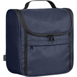 A navy toiletry bag with a zippered front pocket and a handle at the top, featuring branding on the side.