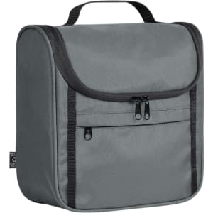 A grey toiletry bag with a front zip pocket and a carrying handle, featuring a branded logo.