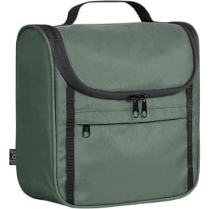 A green Flex Wash Bag with a zippered front pocket, featuring a handle on top and a logo.