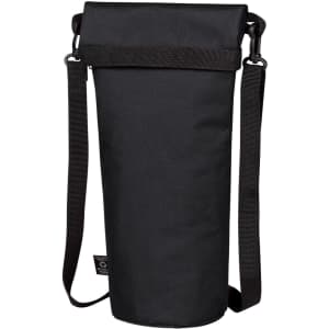 A drink bottle thermo bag in black with a strap and a roll-top closure. The bag features a logo.
