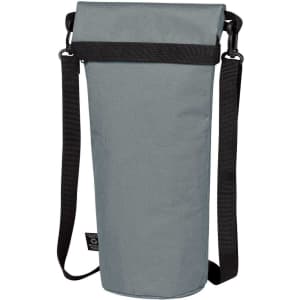 A drink bottle thermos bag in grey, featuring a black strap and closure system, designed for insulation.