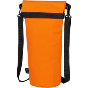 A drink bottle bag in vibrant orange with a black adjustable strap and a secure top closure. It features a logo.