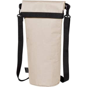 A drink bottle thermos bag in a beige colour with a black adjustable strap and a roll-top closure.