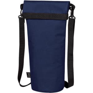 A drink bottle thermo bag in navy blue with a black adjustable strap and a secure roll-top closure. It features a logo.