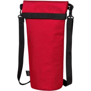 A drink bottle cooler bag in vibrant red, featuring a shoulder strap and a black adjustment buckle.