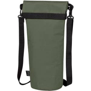 A drink bottle thermos bag in army green with a shoulder strap and a secured top. It features a logo.