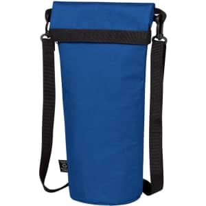 A drink bottle thermos bag in blue, featuring a shoulder strap and a roll-top closure, with a brand logo.