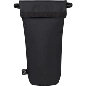 A drink bottle cooler bag in black with a strap and a logo. Suitable for carrying and insulating bottles.