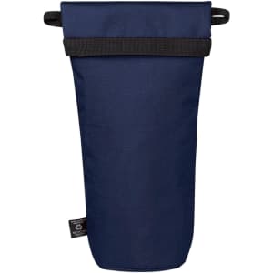 A drink bottle thermo bag in navy blue with a black strap and a logo on the side.