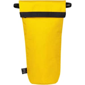 A drink bottle thermo bag in bright yellow with a black strap at the top and a branding label.