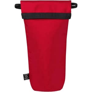A drink bottle thermos bag in bright red with a black strap and branding on the side.