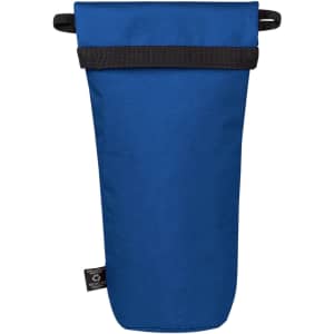 A drink bottle cooler bag in a solid blue colour with black straps and a logo on the side.
