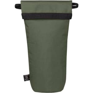 A drink bottle thermos bag in khaki green with a black strap and a logo on the side.