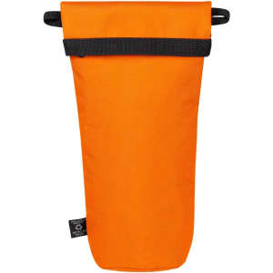 An orange bottle thermo bag with a black strap, featuring a branding logo. Suitable for cooler storage.