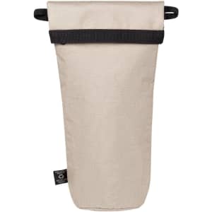 A drink bottle thermo bag in a light beige colour with a black strap and logo on the side.