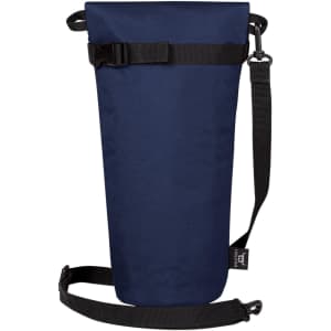 A drink bottle thermos bag in navy blue with adjustable straps and a buckle for secure closure. Features a logo.