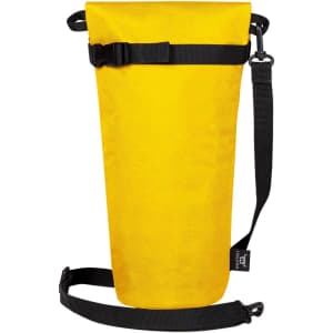 A drink bottle thermo bag in bright yellow with black straps and buckles for secure closure and carrying.