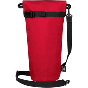 A drink bottle thermos bag in red with black straps and buckle for carrying. It features a logo.