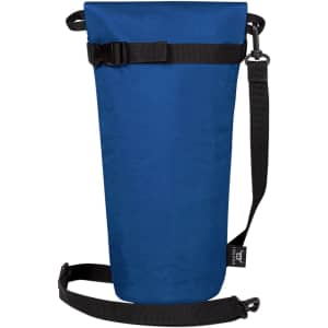 A drink bottle thermo bag in a deep blue colour with black straps and a buckle closure. It features a logo.