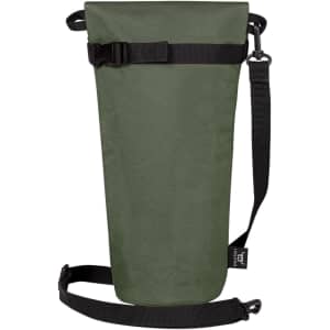 A drink bottle thermo bag in olive green, featuring adjustable straps and a secure buckle. Includes a logo.
