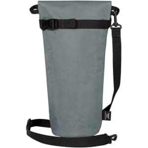 A drink bottle thermo bag in grey with a black adjustable strap and buckle closure. It features a logo.