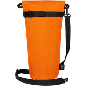 A drink bottle thermo bag in bright orange with a black strap and buckle for secure carrying.