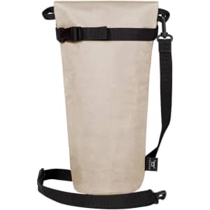 A drink bottle thermal bag in light beige, featuring adjustable straps and a buckle closure. It has a logo.