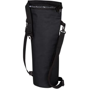 A drink bottle thermo bag in black with a shoulder strap and a reflective interior. It has a logo.