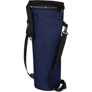 A drink bottle thermo bag in navy blue with an adjustable strap and a logo.