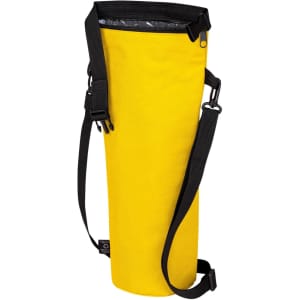 A drink bottle thermos bag in bright yellow with a black adjustable strap and a logo on the side.