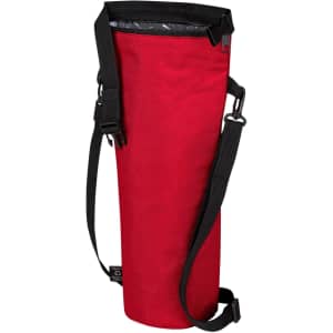 A drink bottle thermo bag in red with a black shoulder strap and a logo on the side.