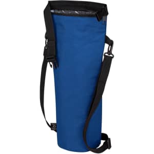 A drink bottle thermo bag in blue, featuring a shoulder strap and a zippered top, with an interior lining.