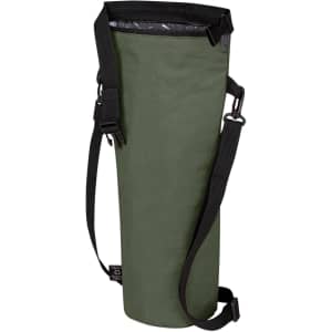 A drink bottle thermos bag in olive green with a shoulder strap and a black lining inside. It features a logo.