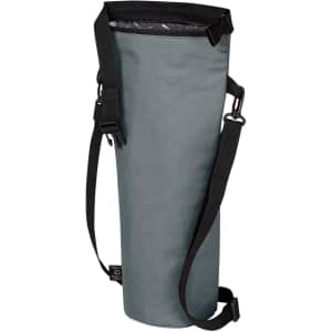 A drink bottle cooler bag in grey with a black adjustable strap and a patterned interior. It has a logo.
